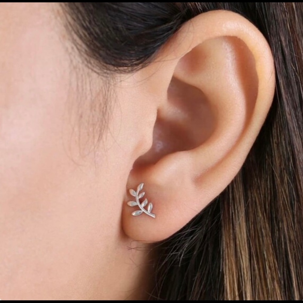 Solid 14K White Gold Trendy Branch Stud Earrings